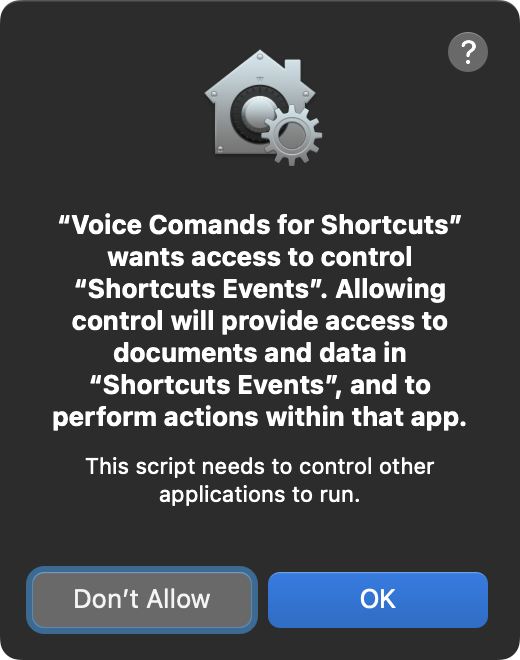 The security approval dialog for accessing the Shortcuts Events application via a script.