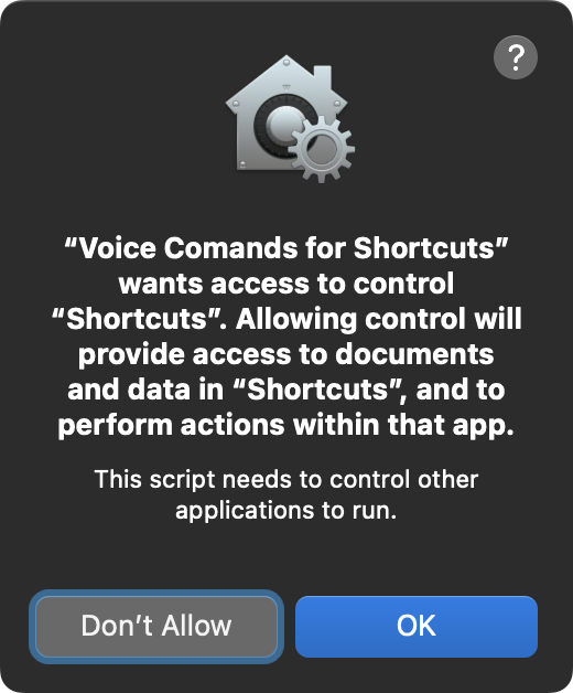The security approval dialog for accessing the Shortcuts application via a script.